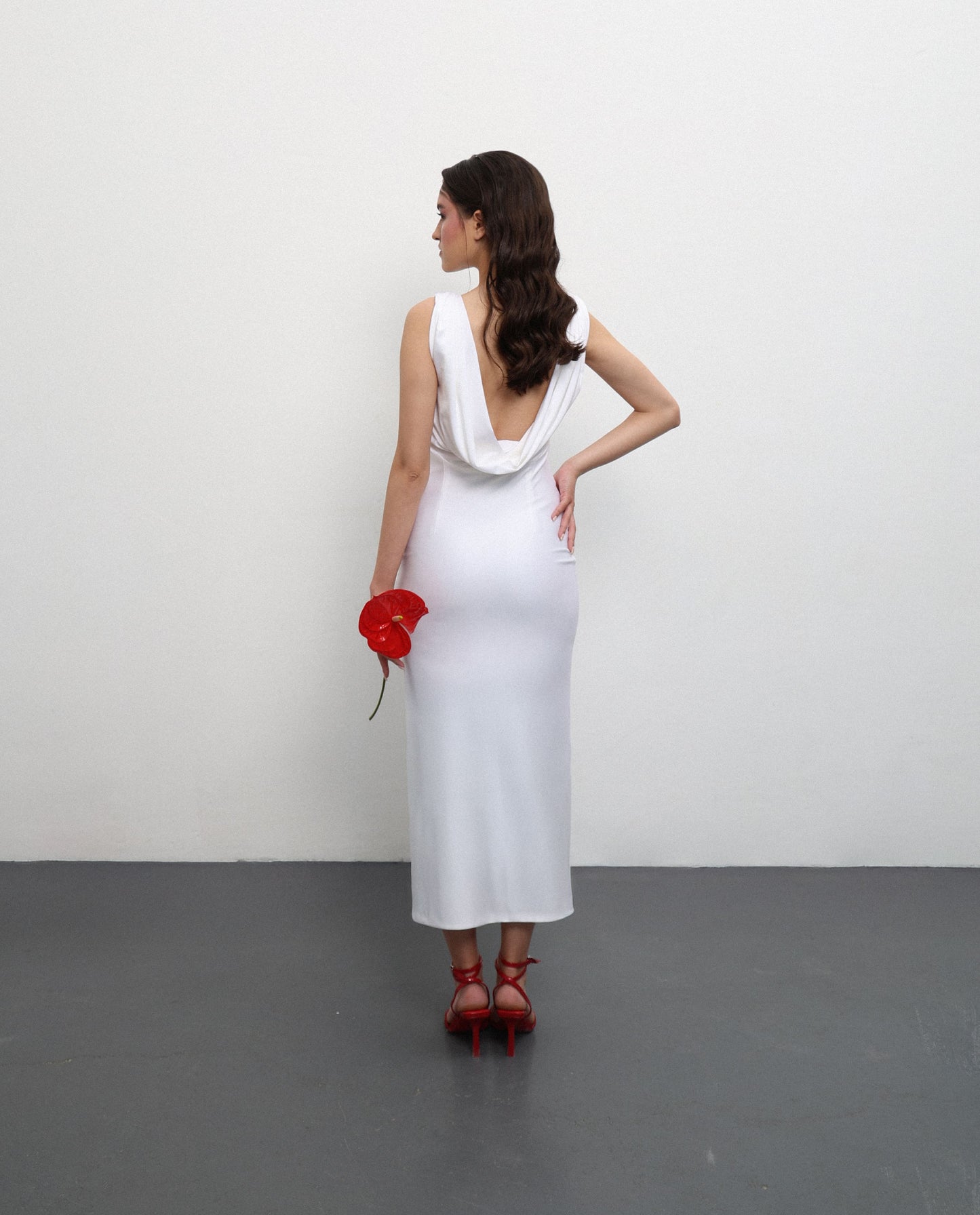 White Draped Back Midi Dress