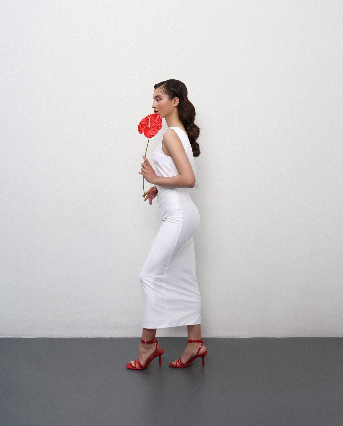 White Draped Back Midi Dress