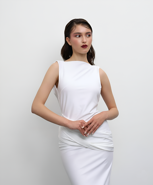 White Draped Back Midi Dress
